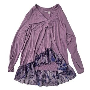 LOGO Lori Goldstein Purple Long Sleeve Ruffle Hem Marble Print Top Large
